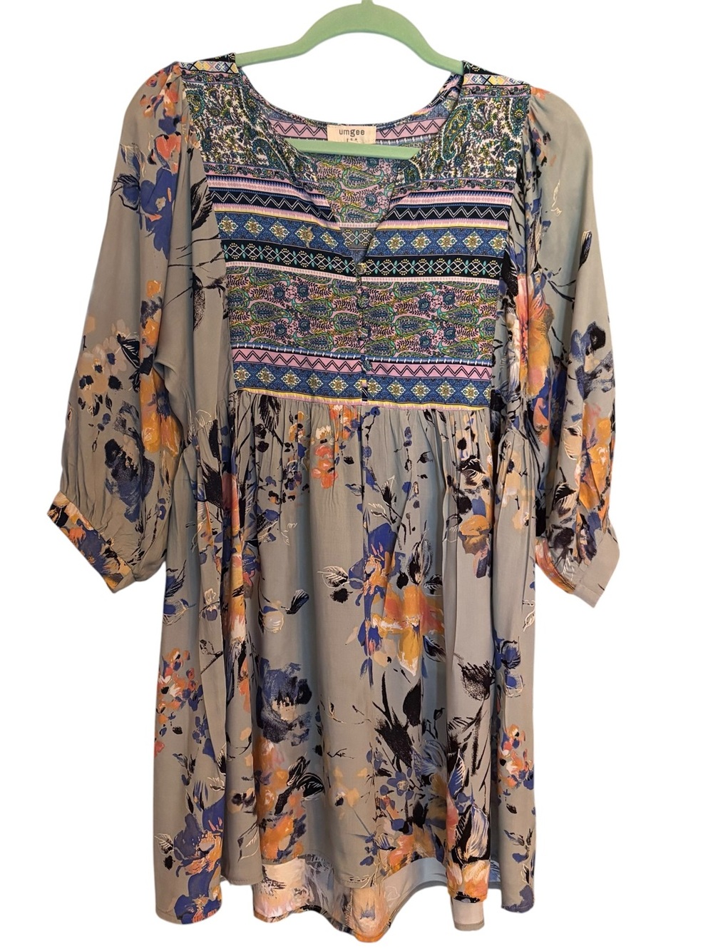 Umgee Gray Floral Mixed Pattern Long-Sleeve Baby Doll Dress Button Detail sz L